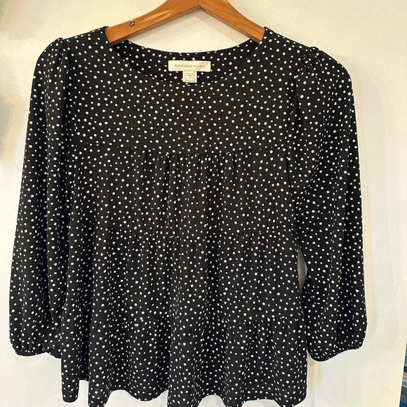 Monteau Tops - Monteau Womens Black Polka Dot Baby Doll 3/4 Sleeves & Ruffle Hem Top
